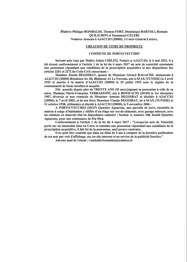 Avis de création de titre de propriété - Commune de Porto-Vecchio (Corse-du-Sud) Avis de création de titre de propriété - Commune de Porto-Vecchio (Corse-du-Sud)