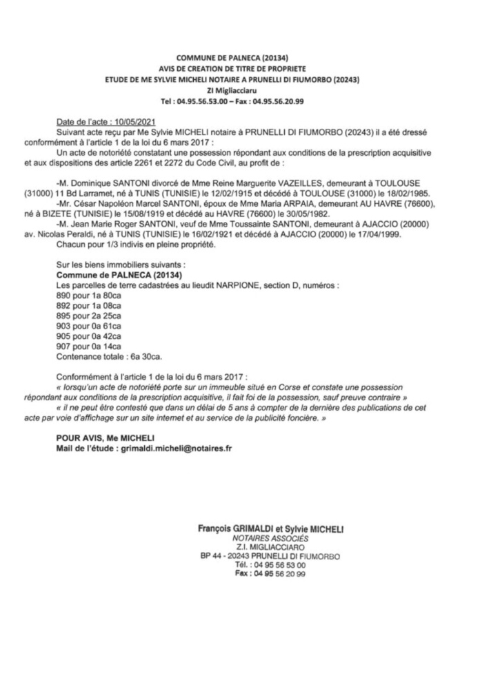  Avis de création de titre de propriété - Commune de Palneca (Corse-du-Sud)