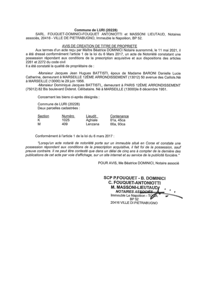 Avis de création de titre de propriété - Commune de Luri (Haute-Corse)