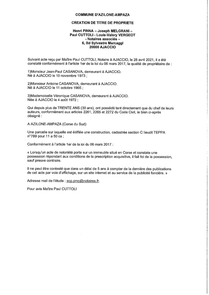 Avis de création de titre de propriété - Commune d'Azilone-Ampaza (Corse-du-Sud) Avis de création de titre de propriété - Commune d'Azilone-Ampaza (Corse-du-Sud)
