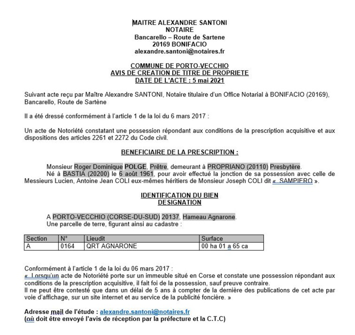 Avis de création de titre de propriété - Commune de Porto-Vecchio (Corse-du-Sud)