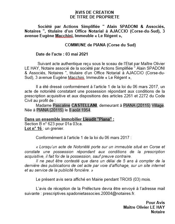 Avis de création de titre de propriété - Commune de Piana (Corse-du-Sud)
