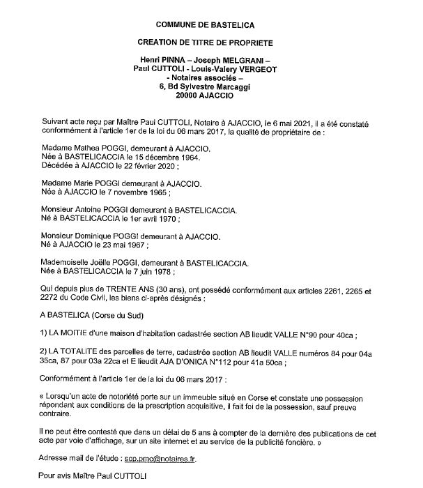 Avis de création de titre de propriété - Commune de Bastelica (Corse-du-Sud) Avis de création de titre de propriété - Commune de Bastelica (Corse-du-Sud)