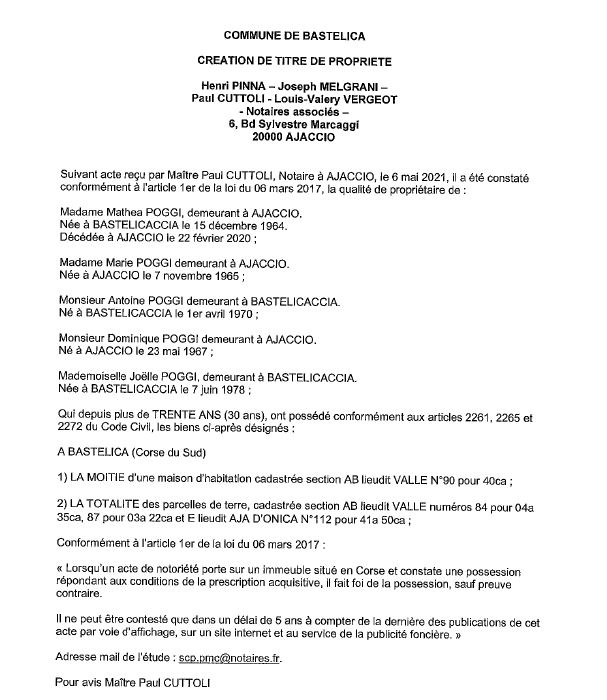 Avis de création de titre de propriété - Commune de Bastelica (Corse-du-Sud)
