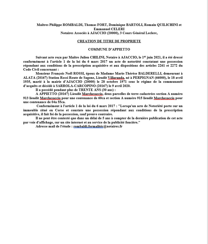 Avis de création de titre de propriété - Commune d'Appietto (Corse-du Sud)
