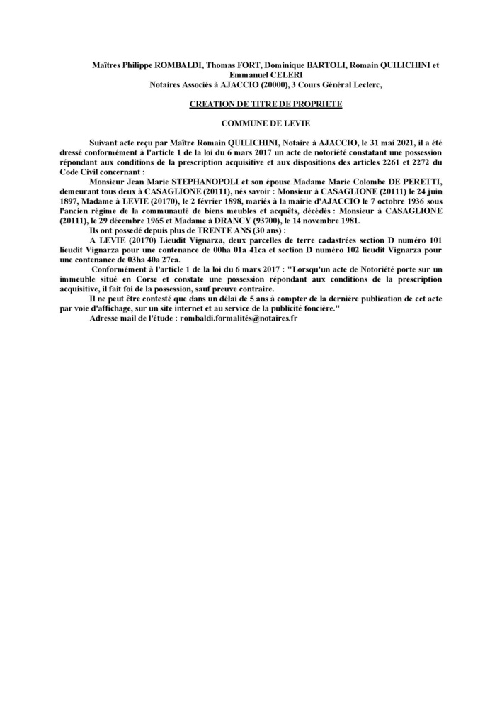 Avis de création de titre de propriété - Commune de Levie (Corse-du Sud)