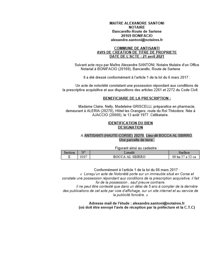 Avis de création de titre de propriété - Commune d'Antisanti (Haute-Corse) Avis de création de titre de propriété - Commune d'Antisanti (Haute-Corse)