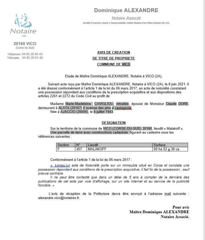 Avis de création de titre de propriété - Commune de Vico (Corse-du-Sud)