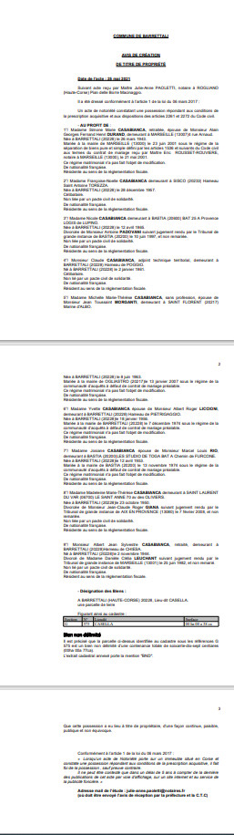 Avis de création de titre de propriété - Commune de Barretali (Haute-Corse) Avis de création de titre de propriété - Commune de Barretali (Haute-Corse)