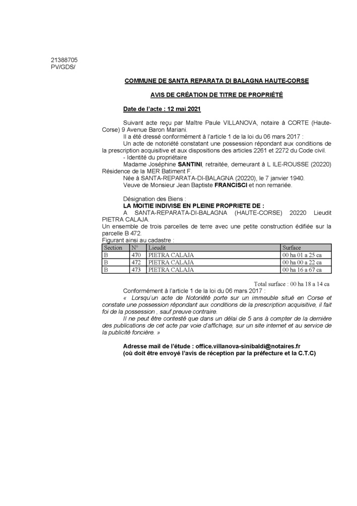 Avis de création de titre de propriété - Commune de Santa-Reparata-di-Balagna (Haute-Corse)
