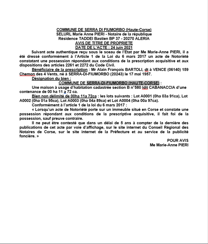  Avis de création de titre de propriété - Commune de Serra-di-Fiumorbo (Haute-Corse)
