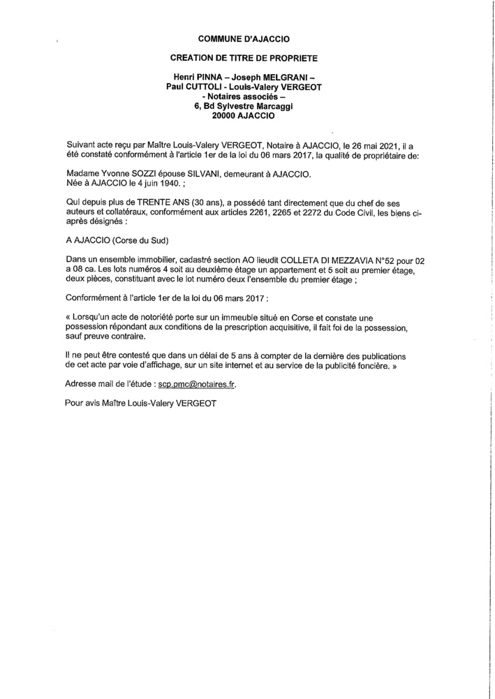  Avis de création de titre de propriété - Commune d'Ajaccio (Corse-du-Sud)