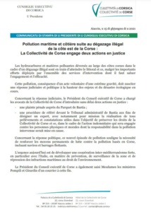 Communiqué du Conseil exécutif de Corse : Pollution maritime et côtière suite au dégazage illégal de la côte est de la Corse : La Collectivité de Corse engage deux actions en justice Communiqué du Conseil exécutif de Corse : Pollution maritime et côtière suite au dégazage illégal de la côte est de la Corse : La Collectivité de Corse engage deux actions en justice