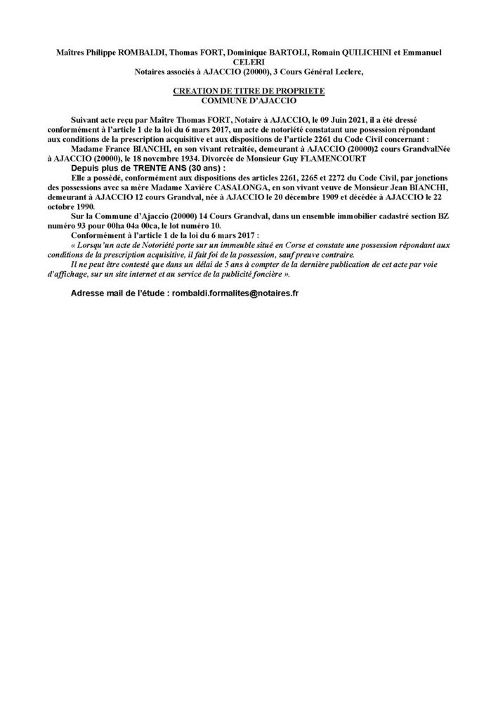 Avis de création de titre de propriété - Commune d'Ajaccio (Corse-du-Sud)