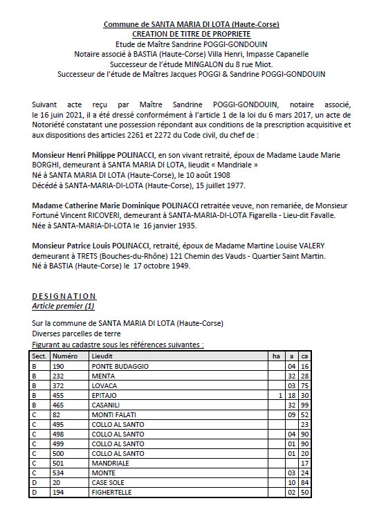 Avis de création de titre de propriété - Commune de Santa Maria di Lota (Haute Corse) Avis de création de titre de propriété - Commune de Santa Maria di Lota (Haute Corse)