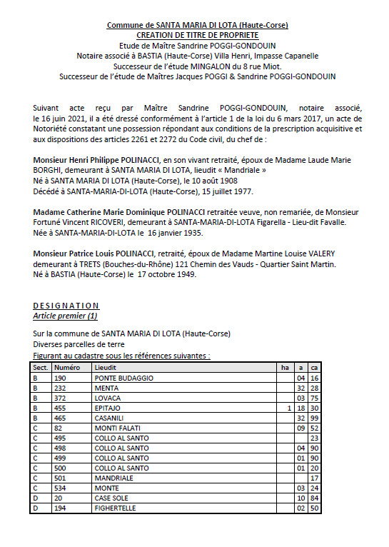 Avis de création de titre de propriété - Commune de Santa Maria di Lota (Haute Corse)