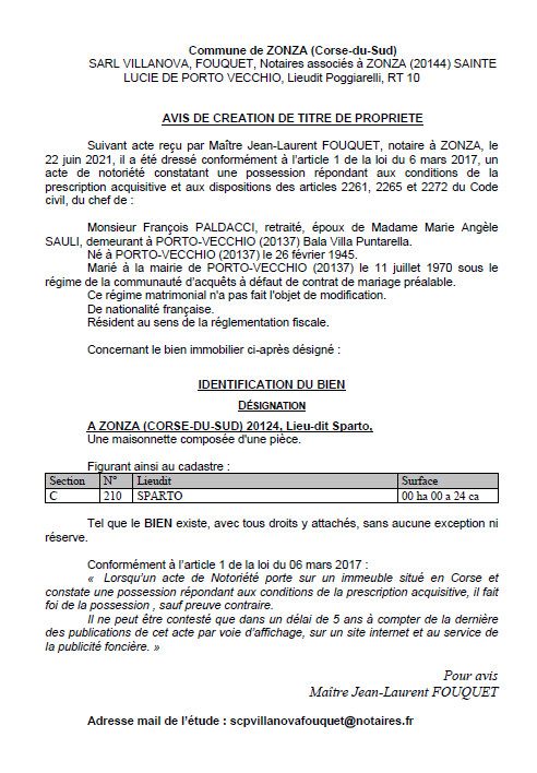 Avis de création de titre de propriété - Commune de Zonza (Corse-du-sud)