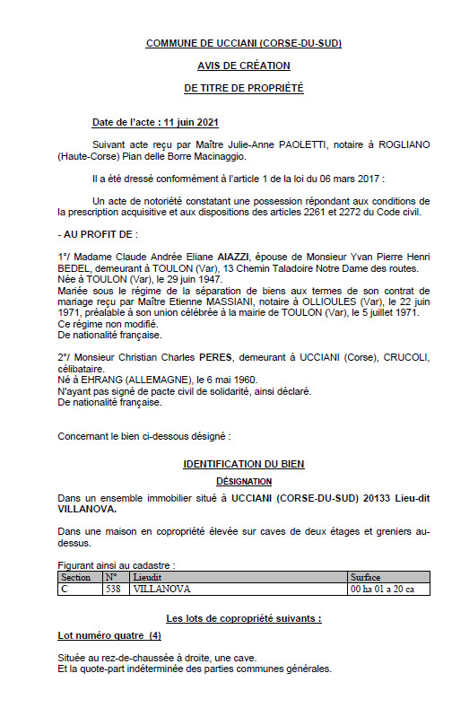 Avis de création de titre de propriété - Commune de Ucciani (Corse-du-sud) Avis de création de titre de propriété - Commune de Ucciani (Corse-du-sud)