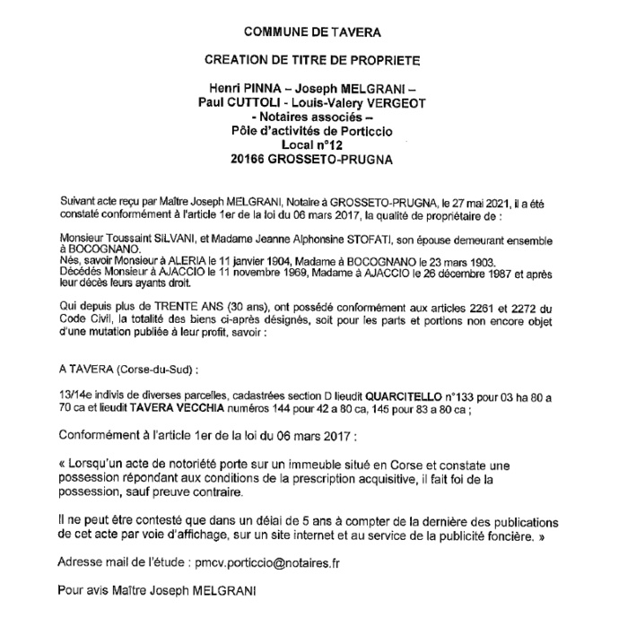 Avis de création de titre de propriété - Commune de Tavera (Corse-du-sud)