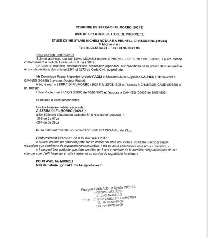 Avis de création de titre de propriété - Commune de Serra-di-Fiumorbo (Haute-Corse)