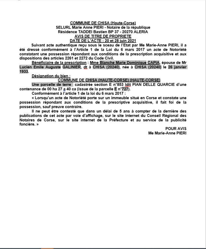 Avis de création de titre de propriété - Commune de Chisa (Haute-Corse)