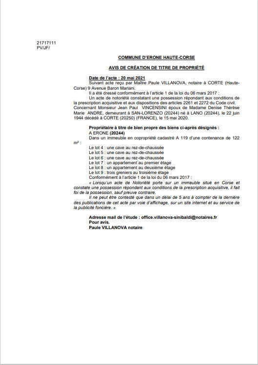 Avis de création de titre de propriété - Commune d'Erone (Haute-Corse) Avis de création de titre de propriété - Commune d'Erone (Haute-Corse)