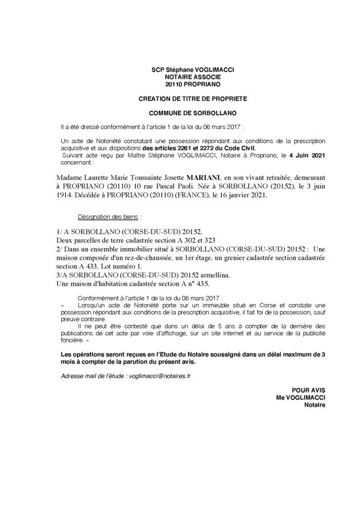 Avis de création de titre de propriété - Commune de Sorbollano (Corse-du-Sud)
