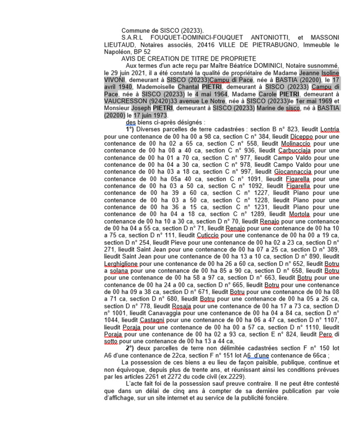 Avis de création de titre de propriété - Commune de Sisco (Haute-Corse) Avis de création de titre de propriété - Commune de Sisco (Haute-Corse)
