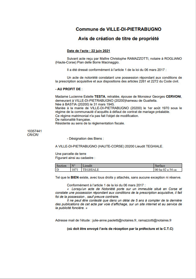 Avis de création de titre de propriété - Commune de Ville di Pietrabugno (Haute-Corse) Avis de création de titre de propriété - Commune de Ville di Pietrabugno (Haute-Corse)