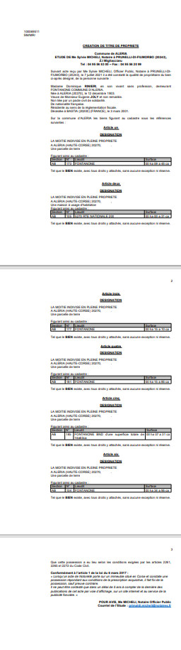 Avis de création de titre de propriété - Commune d'Aléria (Haute-Corse)