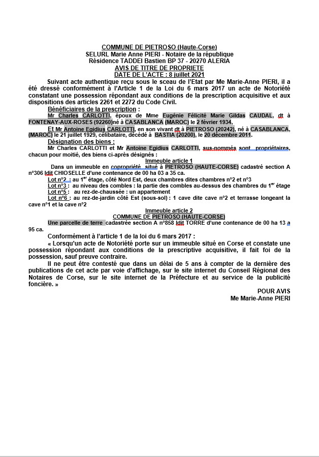 Avis de création de titre de propriété - Commune de Pietroso (Haute-Corse)