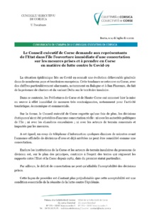 Le Conseil exécutif de Corse demande aux représentants de l’Etat dans l’île l’ouverture immédiate d’une concertation sur les mesures prises et à prendre en Corse en matière de lutte contre le Covid-19 Le Conseil exécutif de Corse demande aux représentants de l’Etat dans l’île l’ouverture immédiate d’une concertation sur les mesures prises et à prendre en Corse en matière de lutte contre le Covid-19