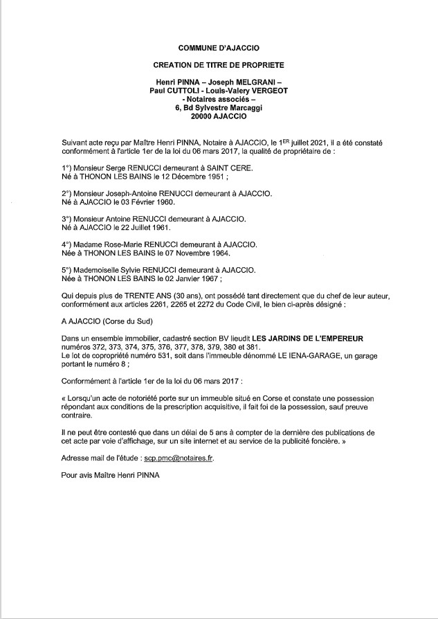 Avis de création de titre de propriété - Commune d'Ajaccio (Corse-du-Sud)