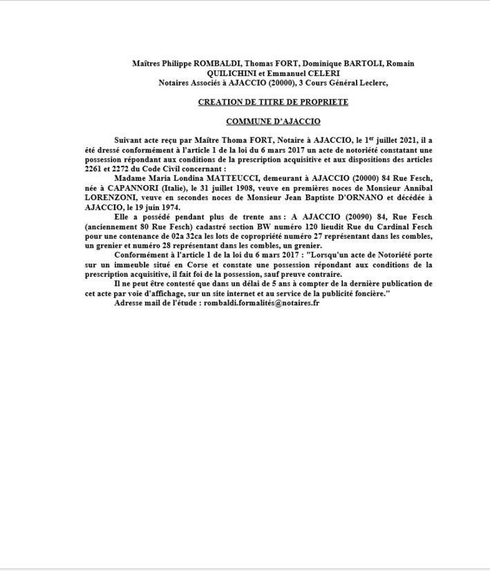 Avis de création de titre de propriété - Commune d'Ajaccio (Corse-du-Sud)