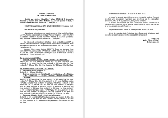 Avis de création de titre de propriété - Communes de Zonza et de San-Gavino-di-Carbini (Corse-du-Sud)