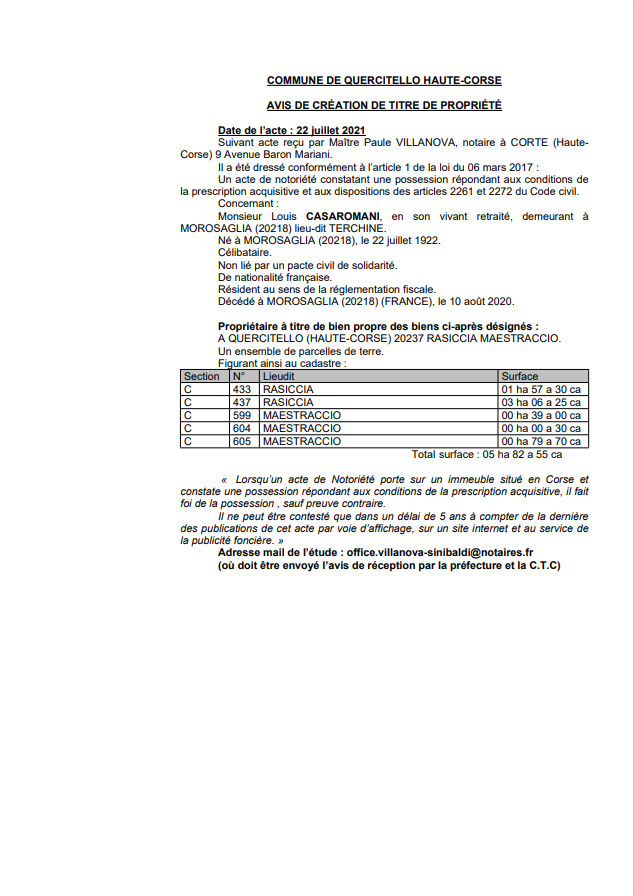 Avis de création de titre de propriété - Commune de Quercitello (Haute-Corse) Avis de création de titre de propriété - Commune de Quercitello (Haute-Corse)