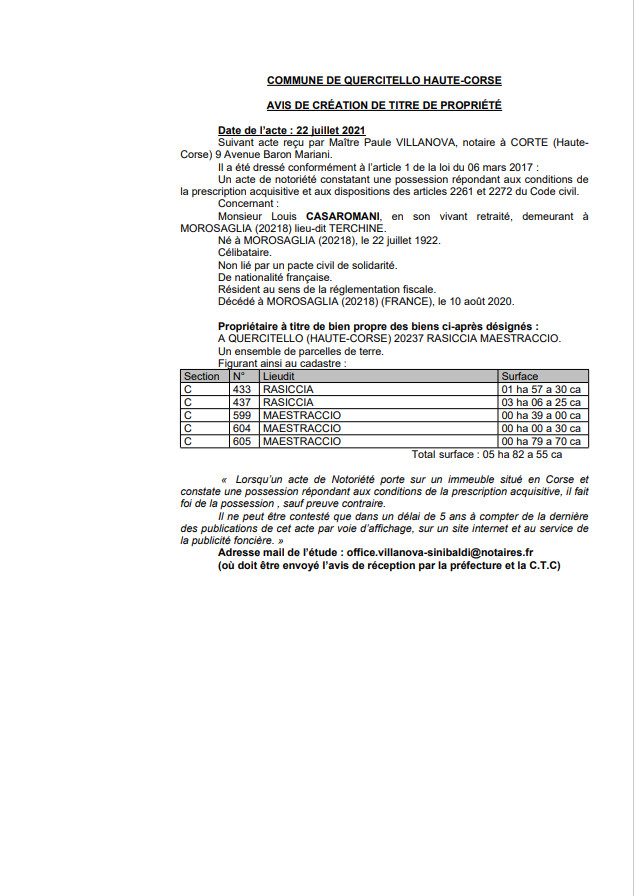  Avis de création de titre de propriété - Commune de Quercitello (Haute-Corse)