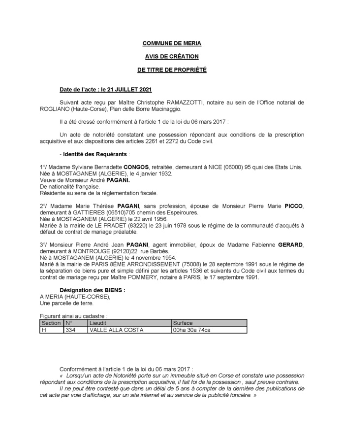 Avis de création de titre de propriété - Commune de Meria (Haute-Corse)