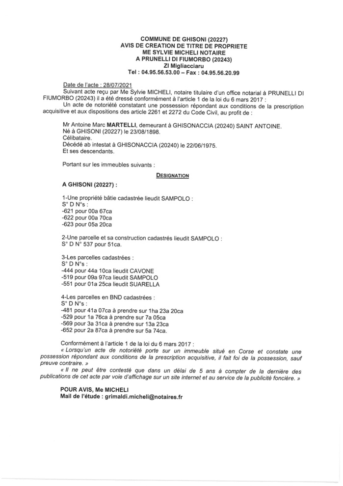 Avis de création de titre de propriété - Commune de Ghisoni (Haute-Corse)