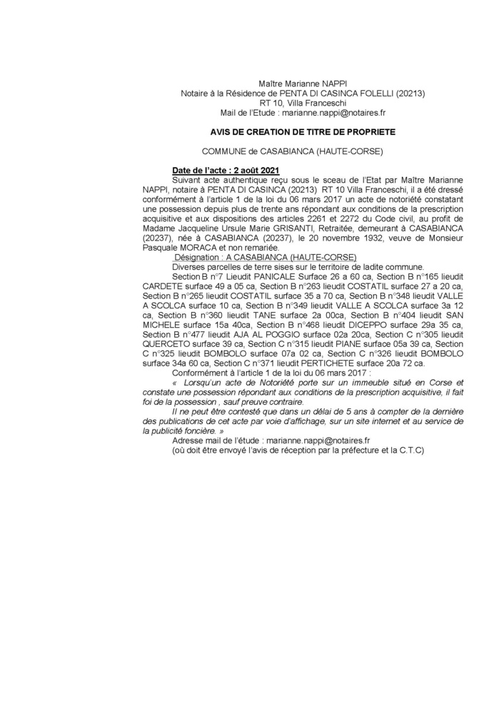 Avis de création de titre de propriété - Commune de Casabianca (Haute-Corse) Avis de création de titre de propriété - Commune de Casabianca (Haute-Corse)