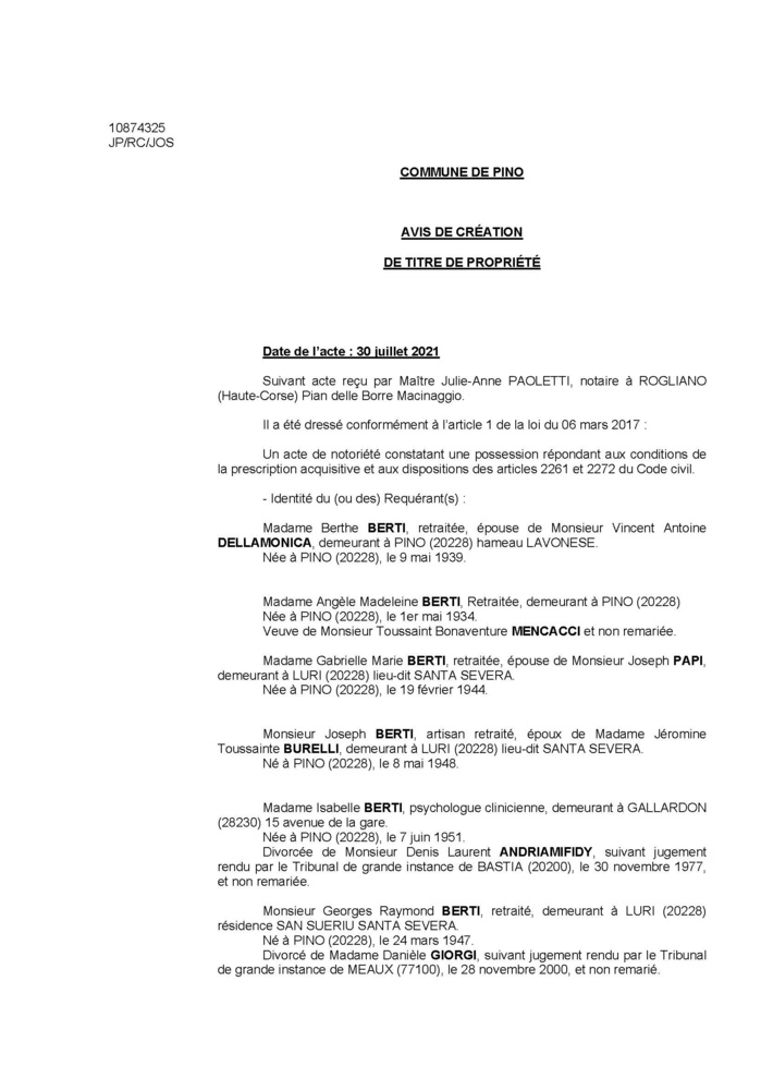 Avis de création de titre de propriété - Commune de Pino (Haute-Corse)