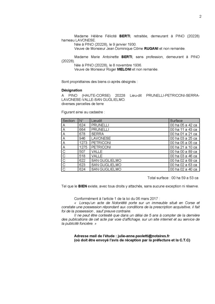 Avis de création de titre de propriété - Commune de Pino (Haute-Corse)