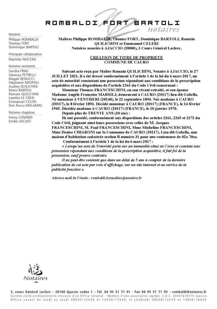 Avis de création de titre de propriété - Commune de Cauro (Corse-du-Sud) Avis de création de titre de propriété - Commune de Cauro (Corse-du-Sud)