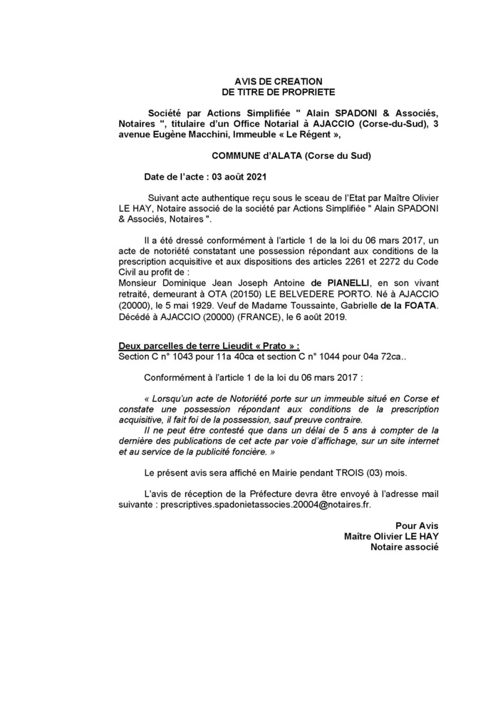 Avis de création de titre de propriété - Commune de Alata (Corse-du-Sud)