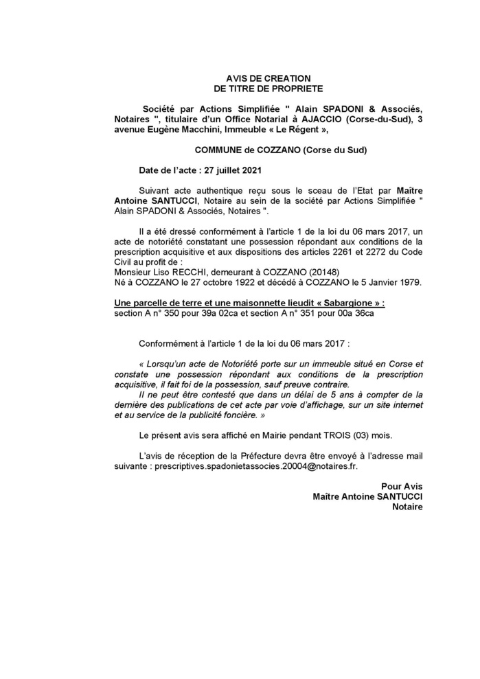 Avis de création de titre de propriété - Commune de Cozzano (Corse-du-Sud)