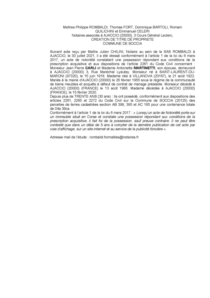 Avis de création de titre de propriété - Commune de Soccia (Corse-du-Sud) Avis de création de titre de propriété - Commune de Soccia (Corse-du-Sud)