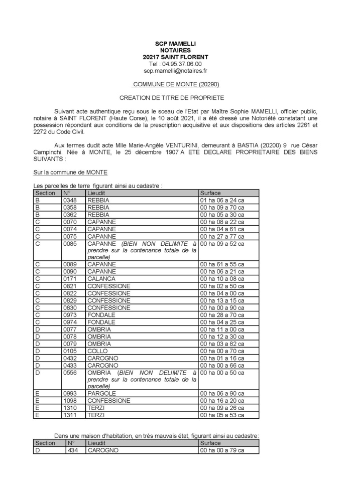 Avis de création de titre de propriété - Commune de Monte (Haute-Corse)