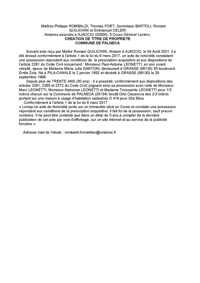 Avis de création de titre de propriété - Commune de Palenca (Corse-du-Sud)