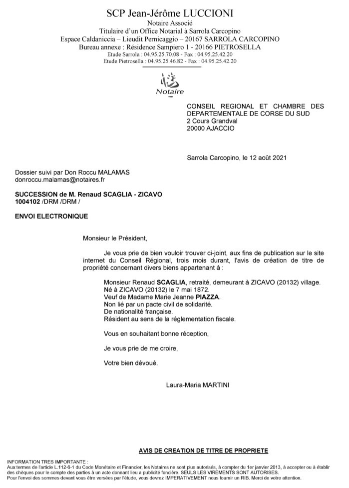 Avis de création de titre de propriété - Commune de Zicavo (Corse-du-Sud)