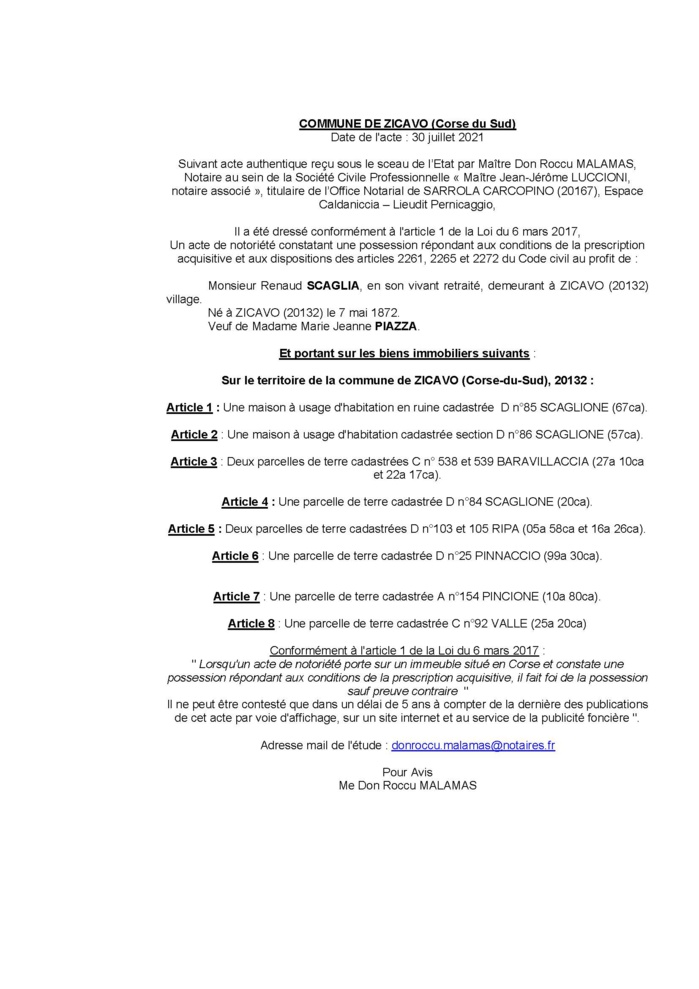 Avis de création de titre de propriété - Commune de Zicavo (Corse-du-Sud)